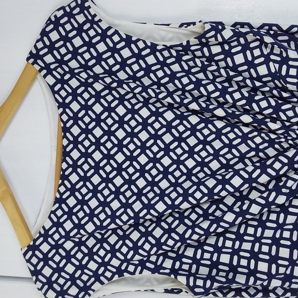Lauren Ralph Lauren Navy White Geometric Knee length Dress Edgy MOD Sz.16 - Picture 5 of 10